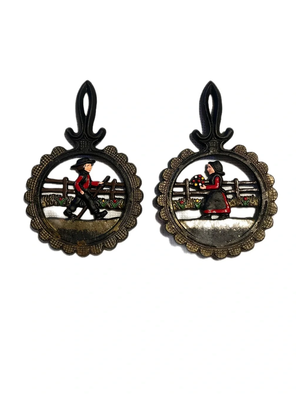 Dalecraft Cast Iron Amish Trivets - Vintage Hand-Painted Folk Art Man & Woman